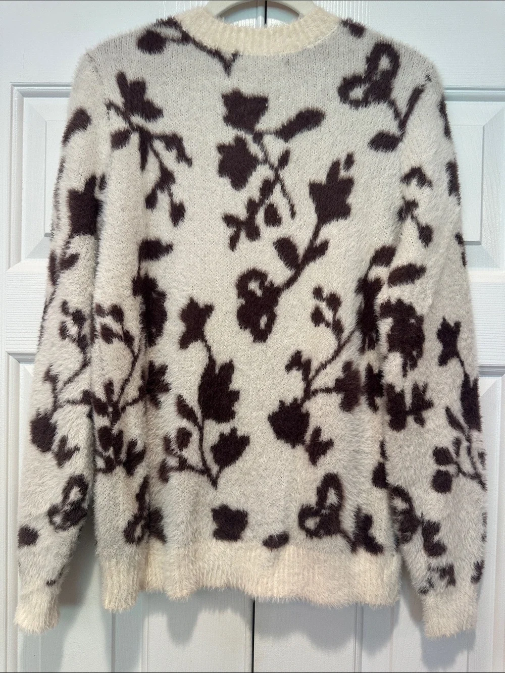 LOFT Cream Fuzzy Crewneck Sweater with Brown Floral Motif size XS